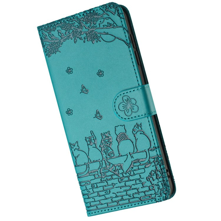 For iPhone 16 Case with Wrist Strap Leather Phone Cover Wall Cats Pattern - Blue