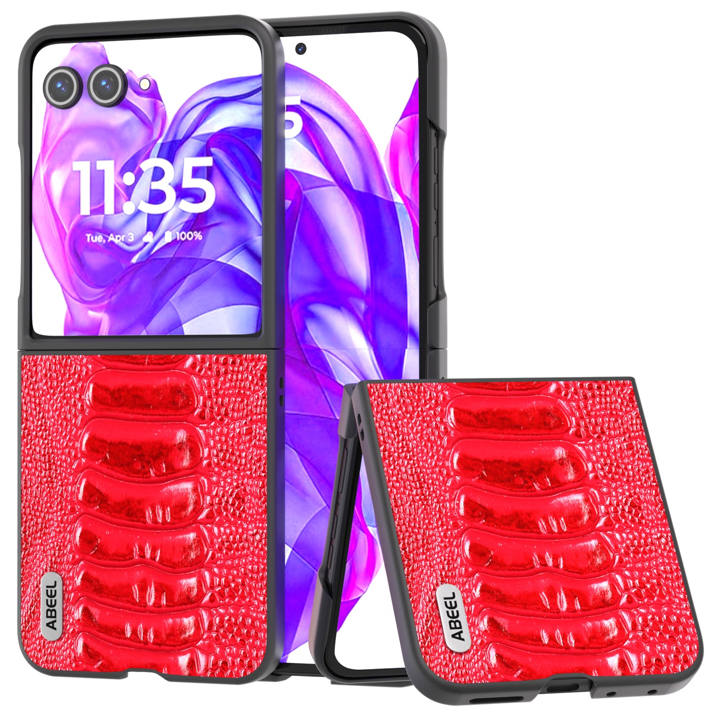 ABEEL For Motorola Razr 50 Ultra 5G Case Genuine Cow Leather+PC Cover Crocodile Texture - Red