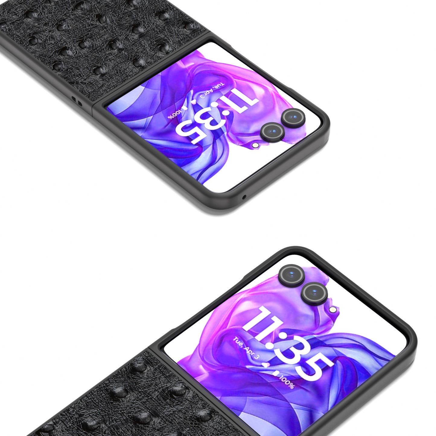 ABEEL For Motorola Razr 50 Ultra 5G Case Ostrich Texture Genuine Cow Leather+PC Phone Cover - Black