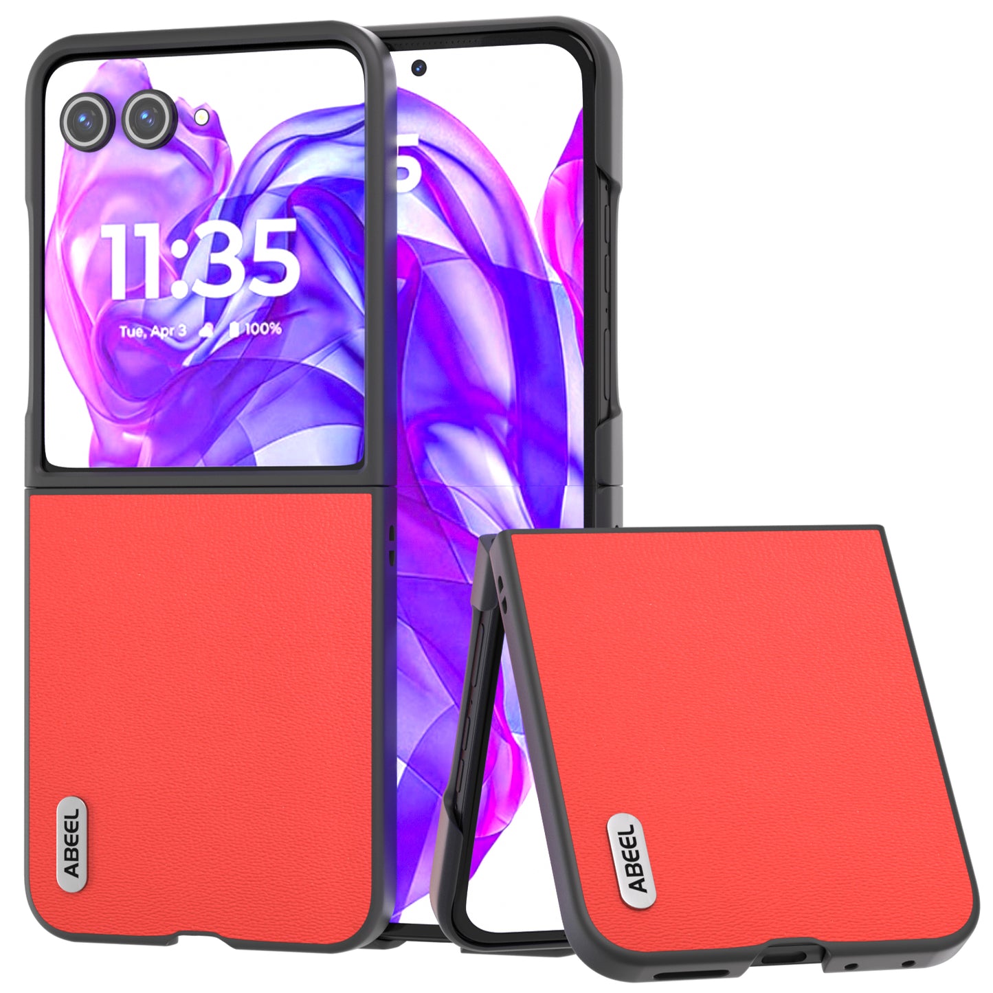 ABEEL For Motorola Razr 50 Ultra 5G Case Black Edge Genuine Cow Leather+PC Cover - Red