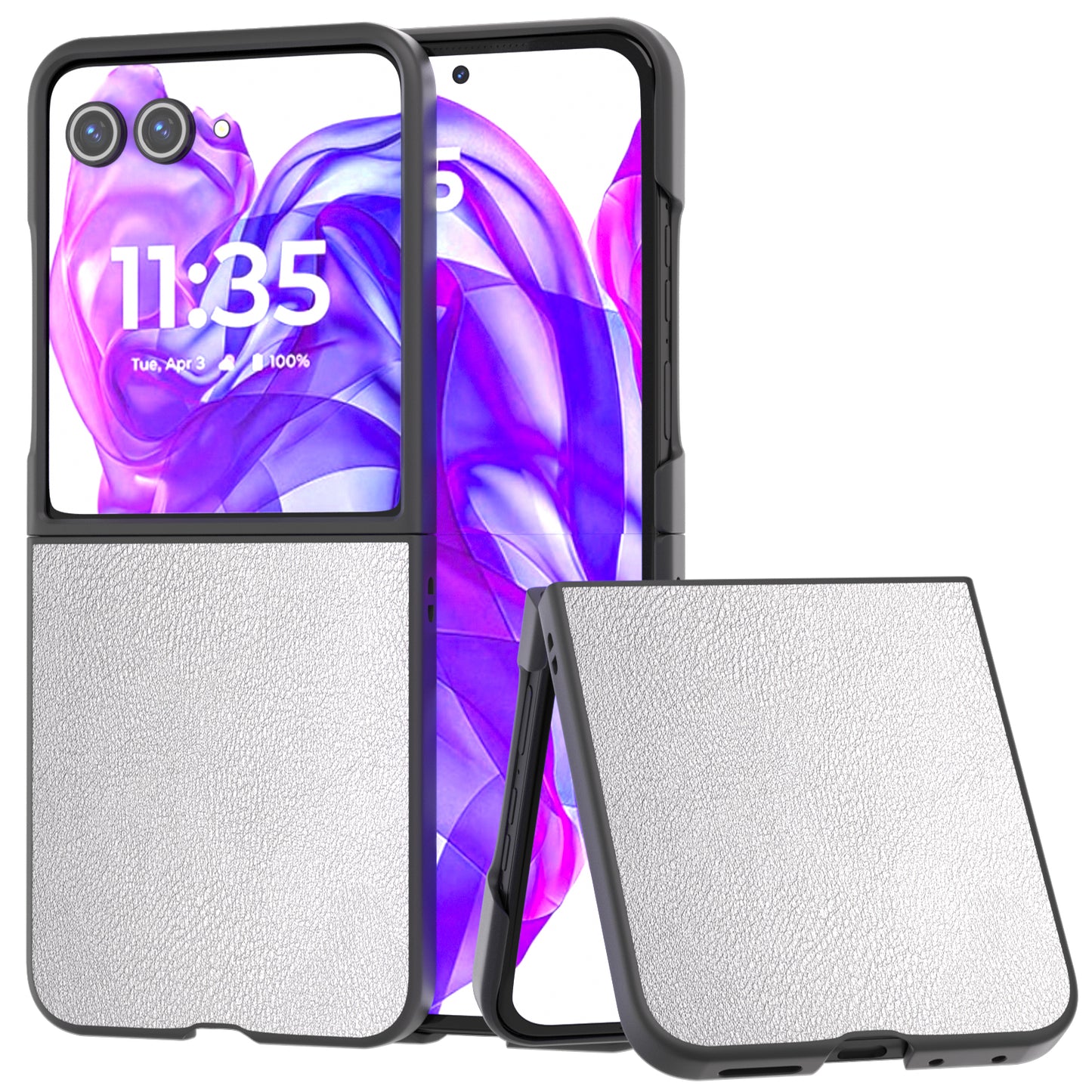 For Motorola Razr 50 Ultra 5G Case Black Edge Leather+PC Folding Phone Cover - Silver