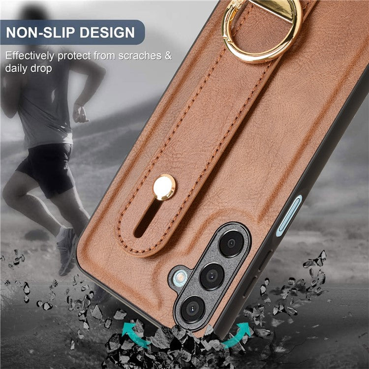 For Samsung Galaxy M15 5G Case Bottle Opener Wristband Leather+PC+TPU Phone Cover - Brown