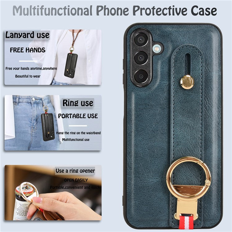 For Samsung Galaxy M15 5G Case Bottle Opener Wristband Leather+PC+TPU Phone Cover - Blue