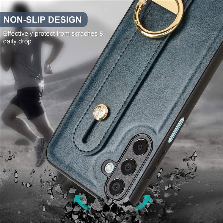 For Samsung Galaxy M15 5G Case Bottle Opener Wristband Leather+PC+TPU Phone Cover - Blue