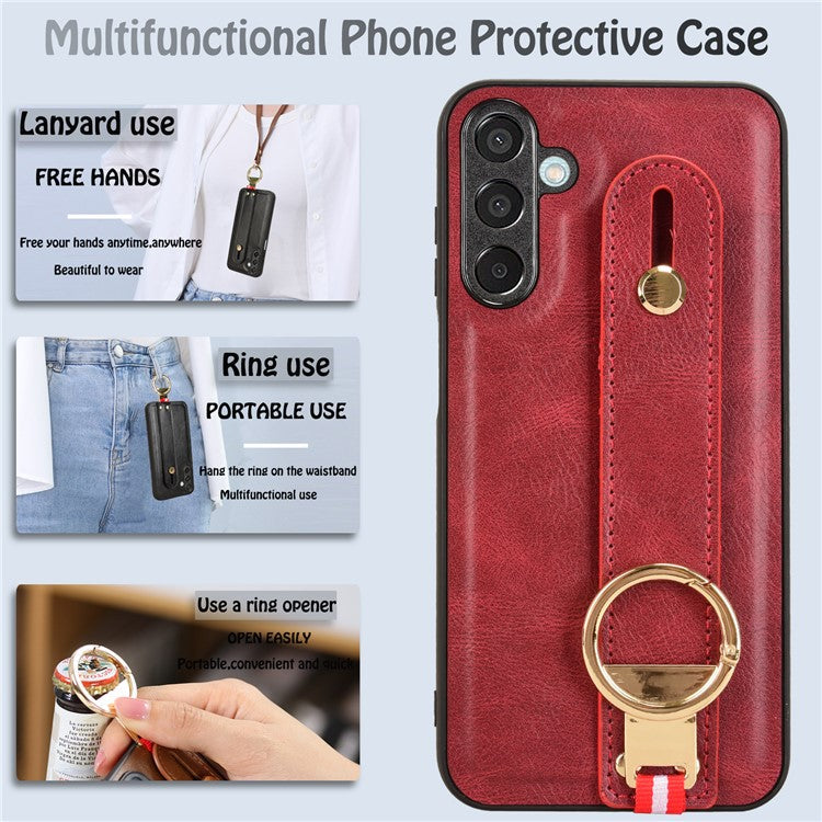 For Samsung Galaxy M15 5G Case Bottle Opener Wristband Leather+PC+TPU Phone Cover - Red