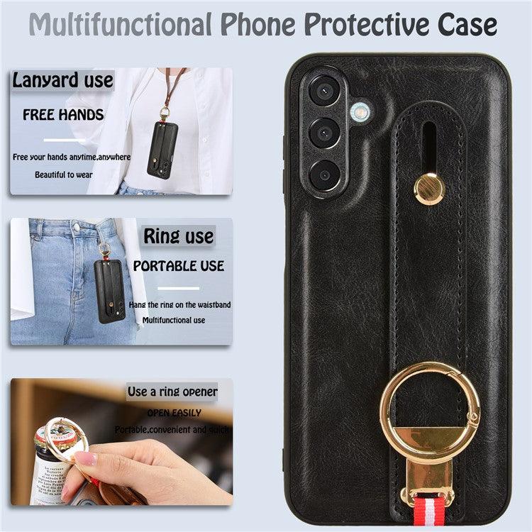 For Samsung Galaxy M15 5G Case Bottle Opener Wristband Leather+PC+TPU Phone Cover - Black