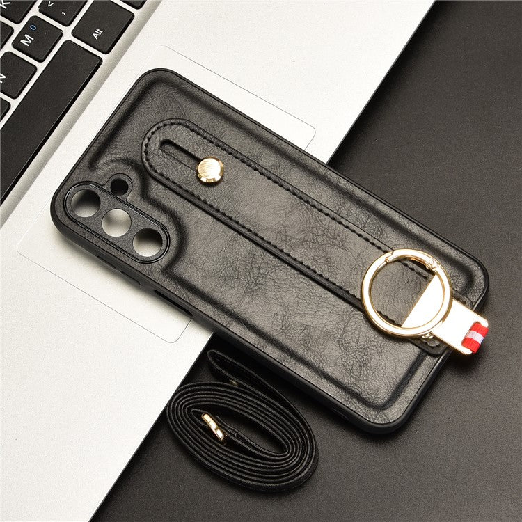 For Samsung Galaxy M15 5G Case Bottle Opener Wristband Leather+PC+TPU Phone Cover - Black
