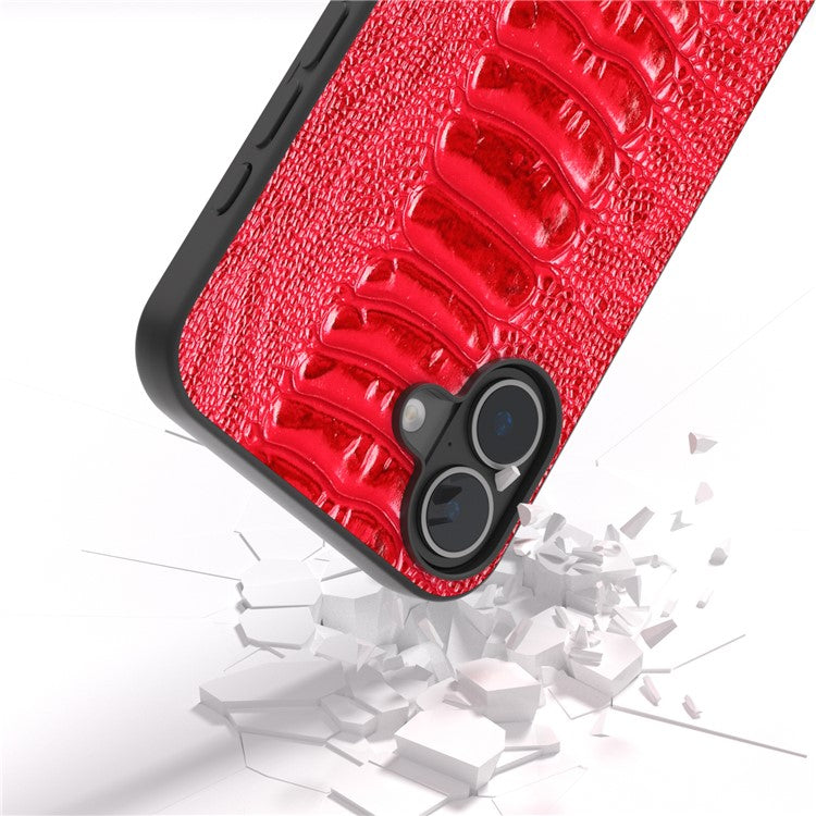 ABEEL For iPhone 16 Case Crocodile Texture Genuine Cow Leather Coated Phone Cover - Red