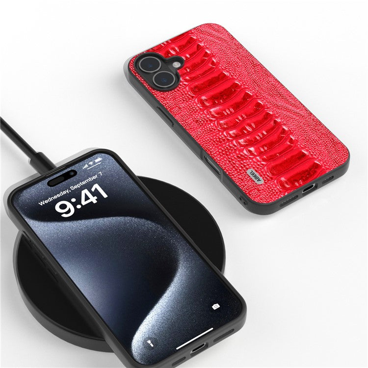 ABEEL For iPhone 16 Case Crocodile Texture Genuine Cow Leather Coated Phone Cover - Red