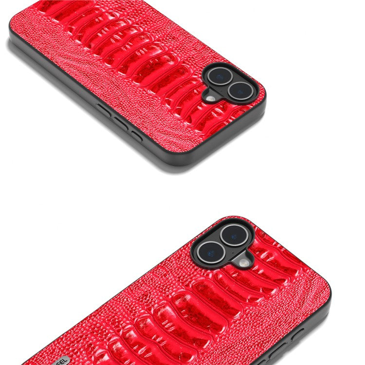 ABEEL For iPhone 16 Case Crocodile Texture Genuine Cow Leather Coated Phone Cover - Red