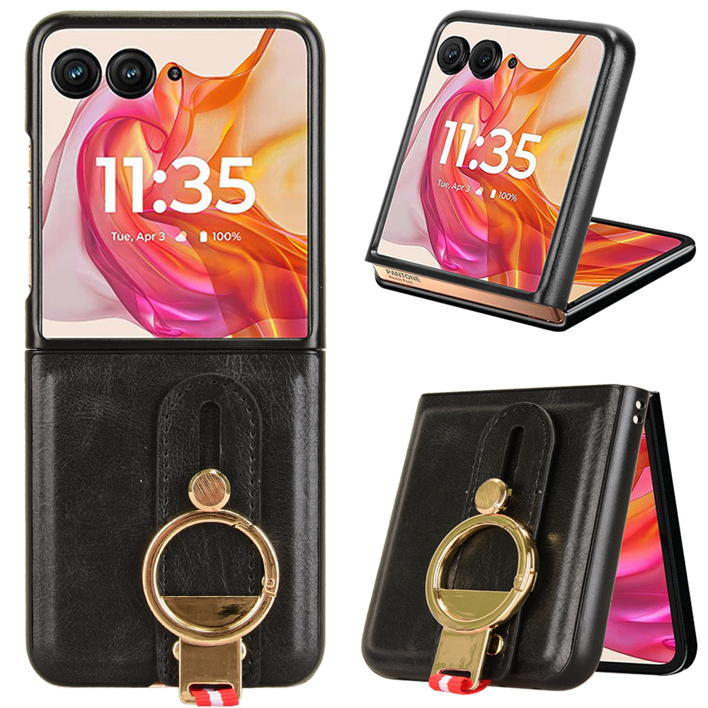 For Motorola Razr 50 Ultra 5G Case Wristband Leather+PC+TPU Cover with Bottle Opener - Black
