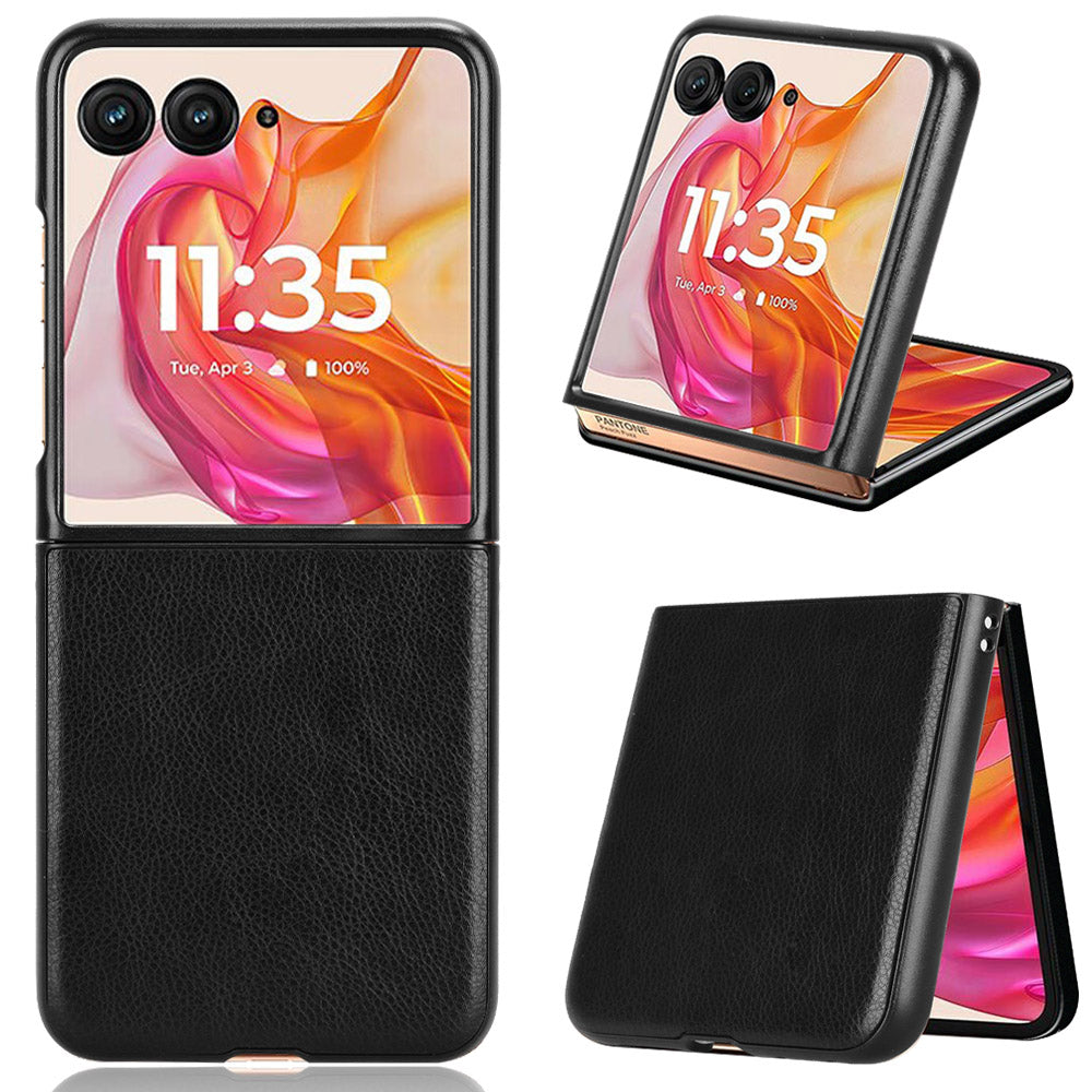 For Motorola Razr 50 Ultra 5G Case Litchi Texture Leather PC Phone Cover - Black