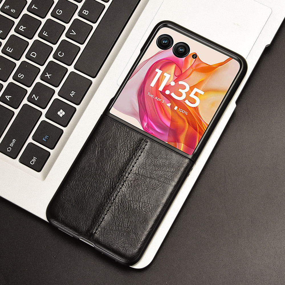 For Motorola Razr 50 Ultra 5G Case Stitching Line Leather Hard PC Phone Cover - Black