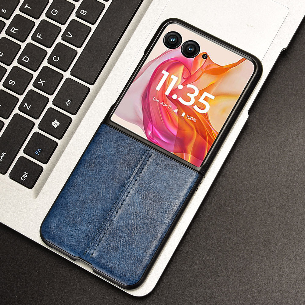 For Motorola Razr 50 Ultra 5G Case Stitching Line Leather Hard PC Phone Cover - Blue