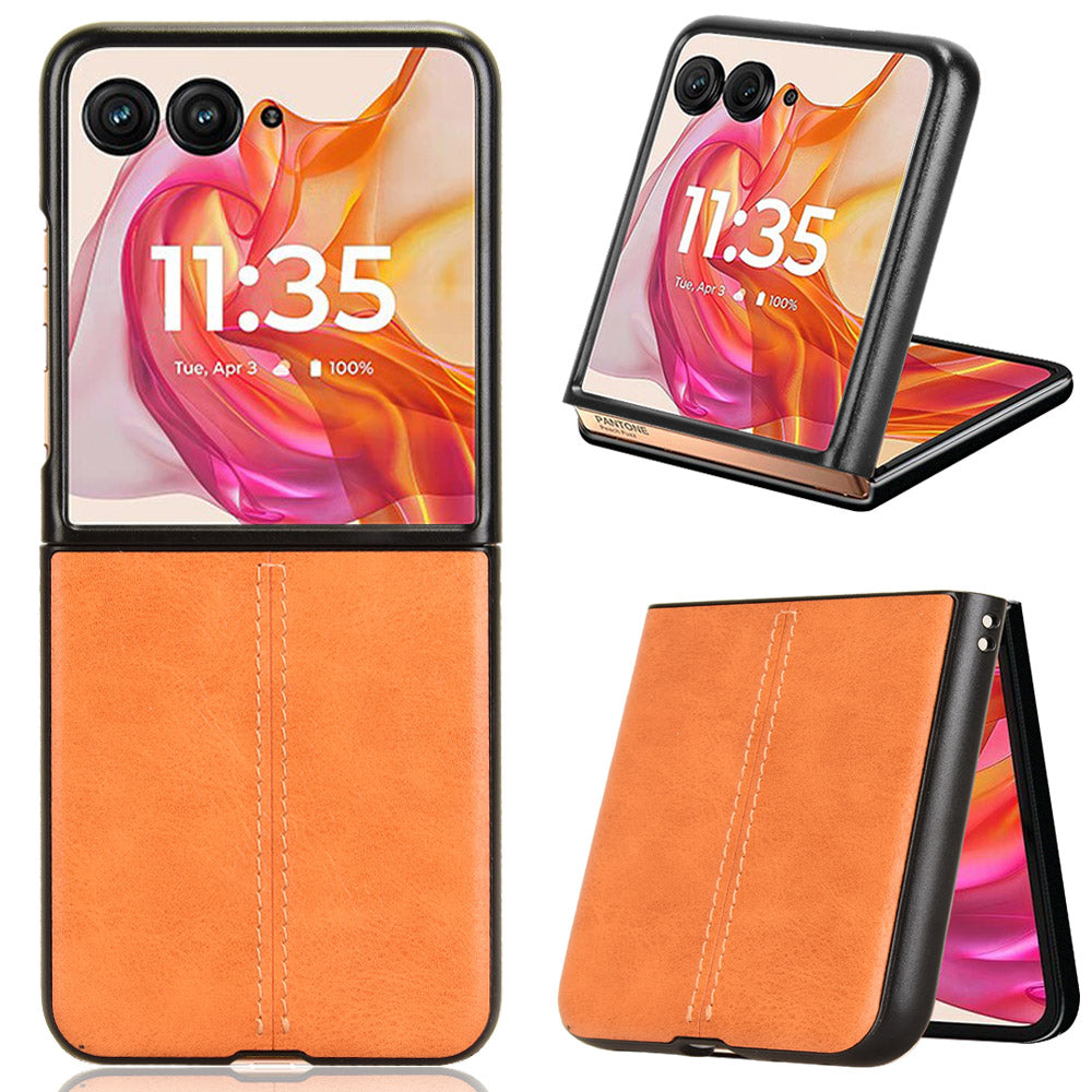 For Motorola Razr 50 Ultra 5G Case Stitching Line Leather Hard PC Phone Cover - Orange