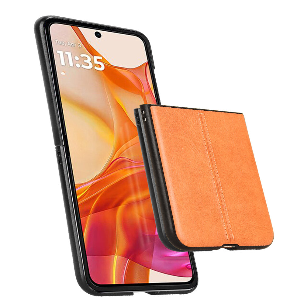 For Motorola Razr 50 Ultra 5G Case Stitching Line Leather Hard PC Phone Cover - Orange