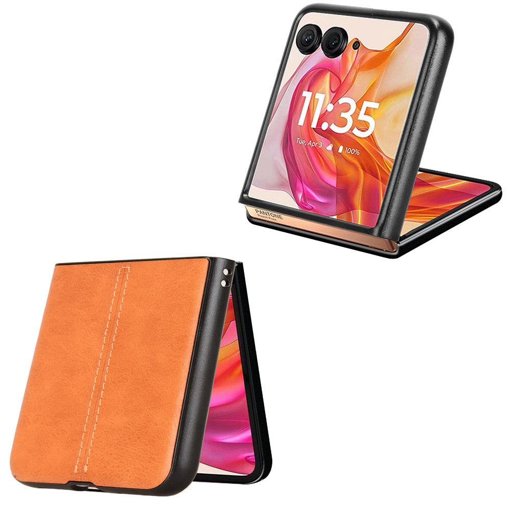 For Motorola Razr 50 Ultra 5G Case Stitching Line Leather Hard PC Phone Cover - Orange