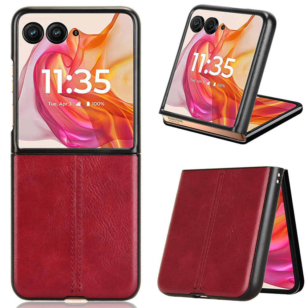 For Motorola Razr 50 Ultra 5G Case Stitching Line Leather Hard PC Phone Cover - Red
