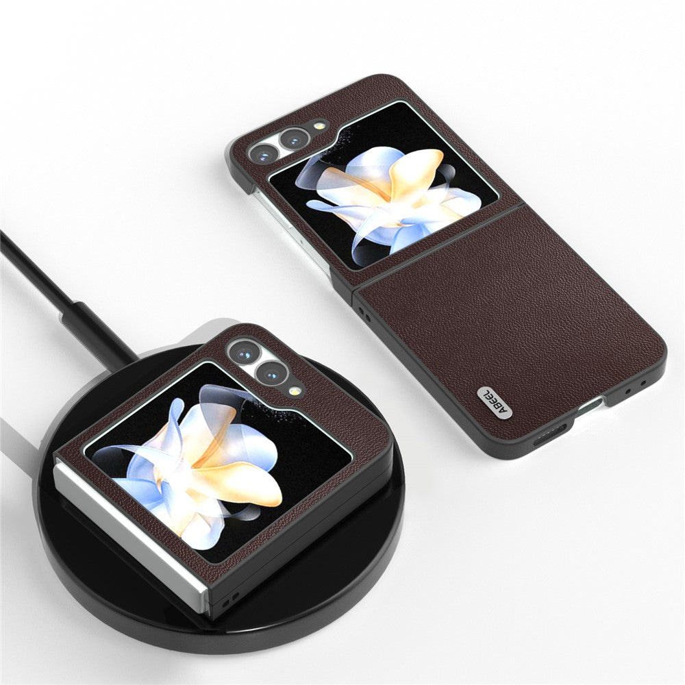 ABEEL For Samsung Galaxy Z Flip7 FE 5G / Z Flip6 5G Case Black Edge Genuine Cow Leather PC Phone Cover - Coffee