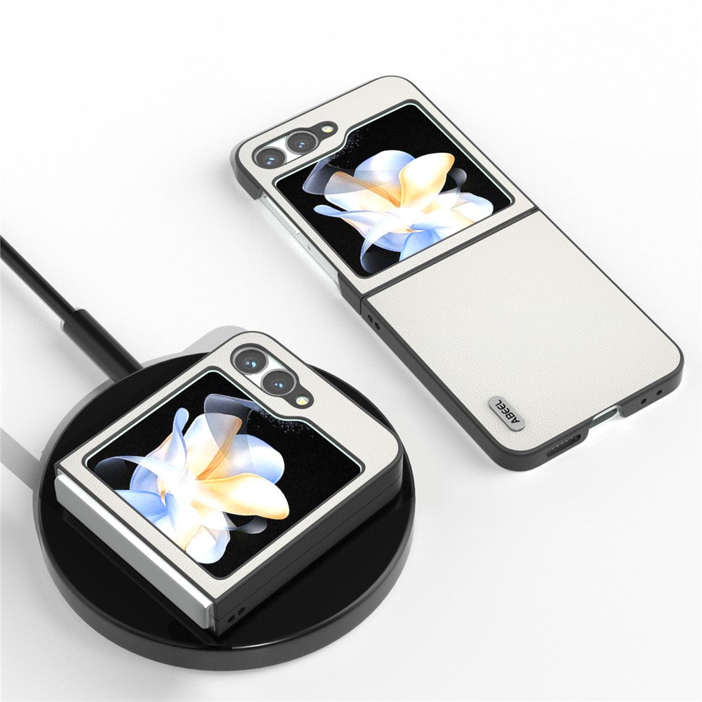 ABEEL For Samsung Galaxy Z Flip7 FE 5G / Z Flip6 5G Case Black Edge Genuine Cow Leather PC Phone Cover - White