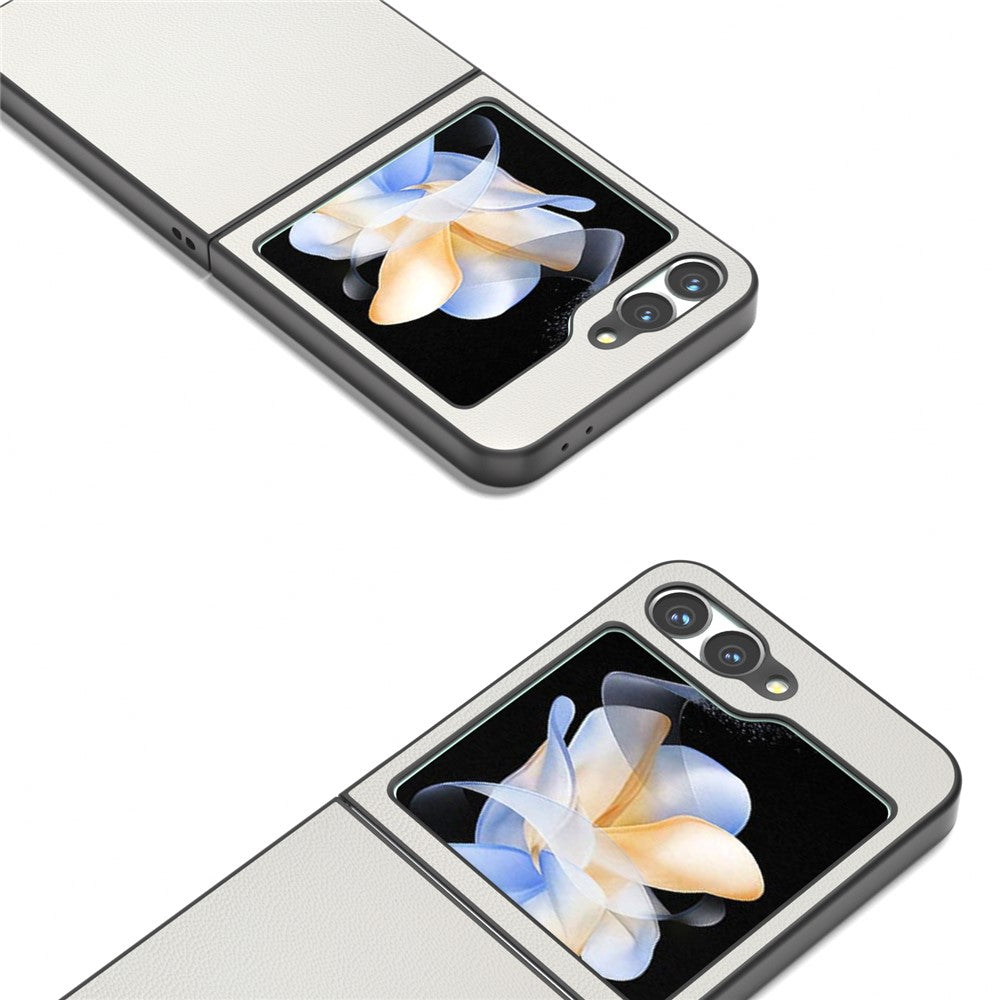 ABEEL For Samsung Galaxy Z Flip7 FE 5G / Z Flip6 5G Case Black Edge Genuine Cow Leather PC Phone Cover - White