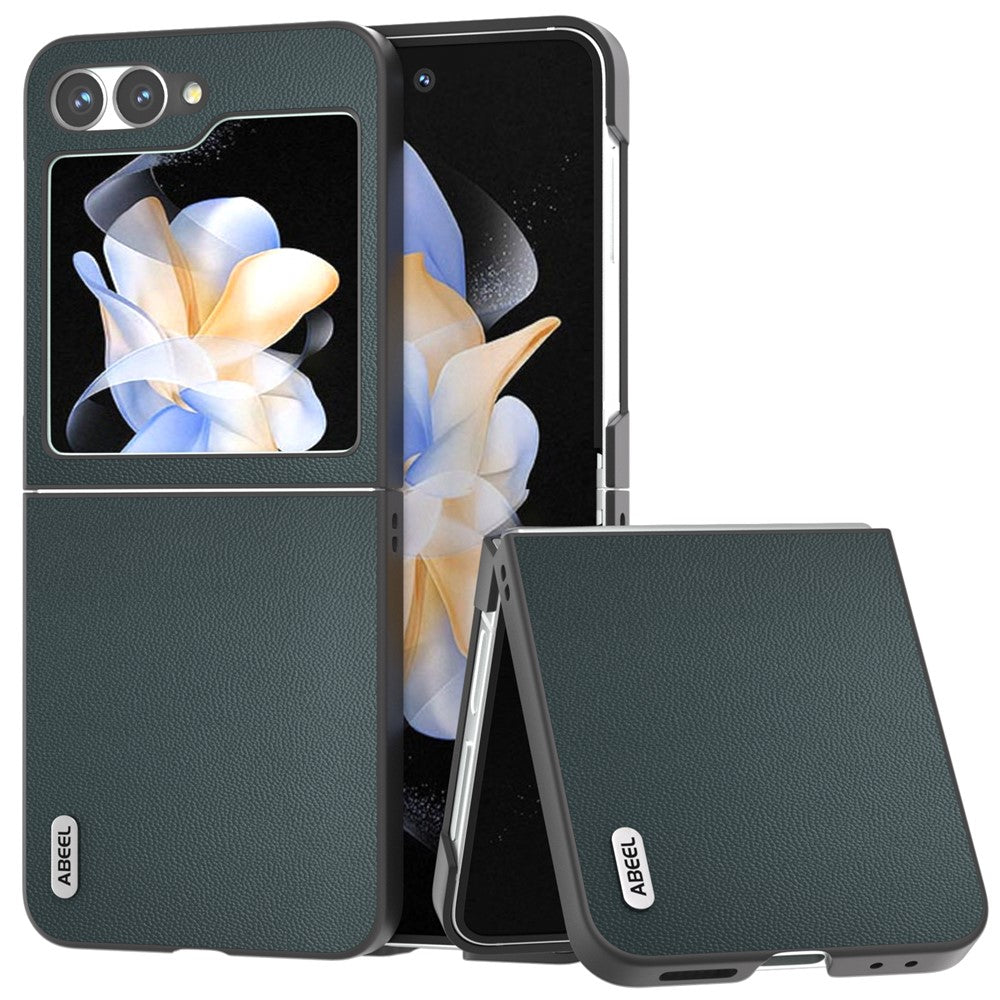 ABEEL For Samsung Galaxy Z Flip7 FE 5G / Z Flip6 5G Case Black Edge Genuine Cow Leather PC Phone Cover - Green