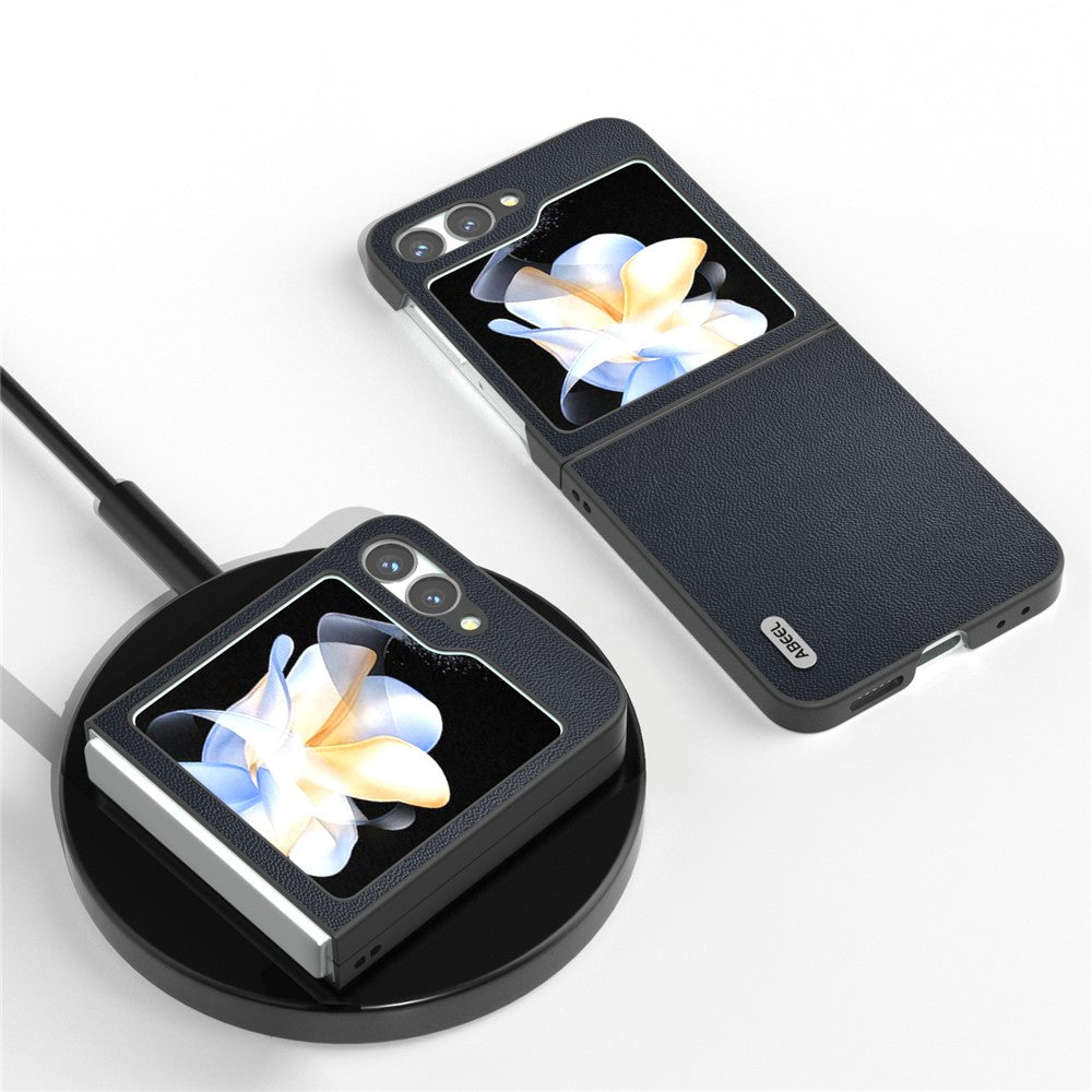 ABEEL For Samsung Galaxy Z Flip7 FE 5G / Z Flip6 5G Case Black Edge Genuine Cow Leather PC Phone Cover - Blue