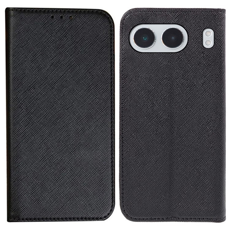 For OnePlus Nord 4 Case Leather Cross Texture Stand Phone Cover Strong Magnetic - Black