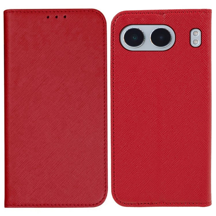 For OnePlus Nord 4 Case Leather Cross Texture Stand Phone Cover Strong Magnetic - Red