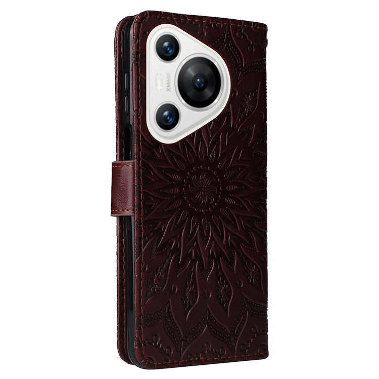 KT Imprinting Flower Series-1 For Huawei Pura 70 Case Leather Sunflower Phone Cover Stand Card Slot - Brown