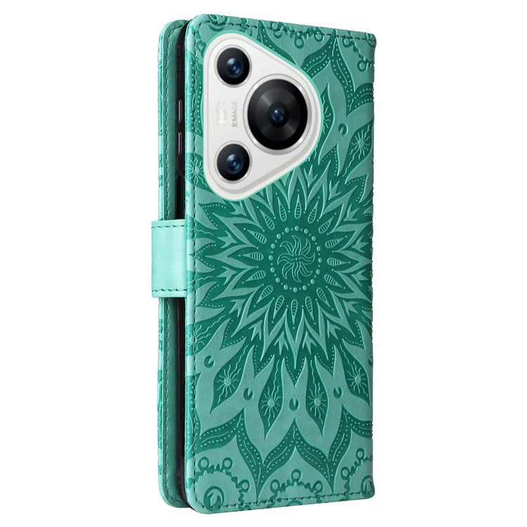 KT Imprinting Flower Series-1 For Huawei Pura 70 Case Leather Sunflower Phone Cover Stand Card Slot - Green