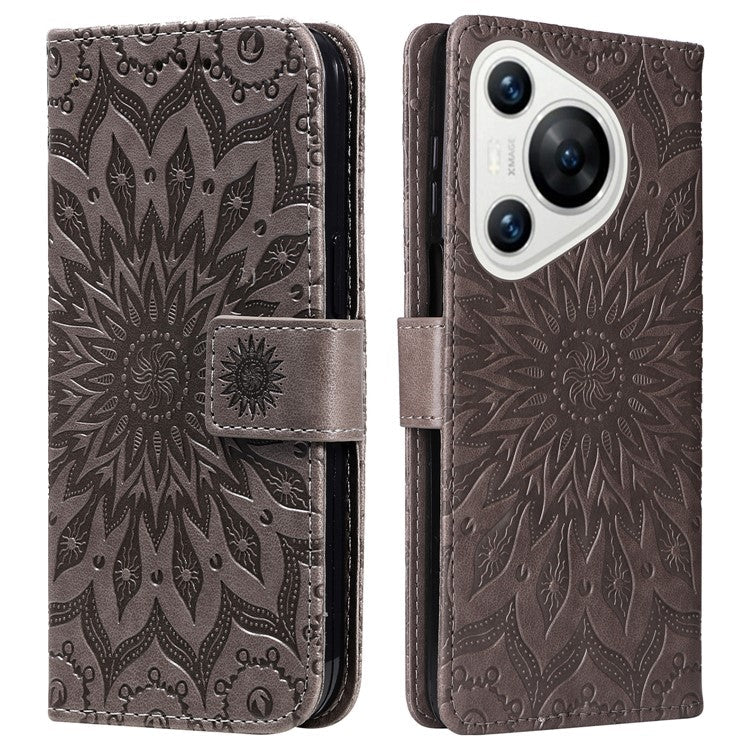 KT Imprinting Flower Series-1 For Huawei Pura 70 Case Leather Sunflower Phone Cover Stand Card Slot - Grey