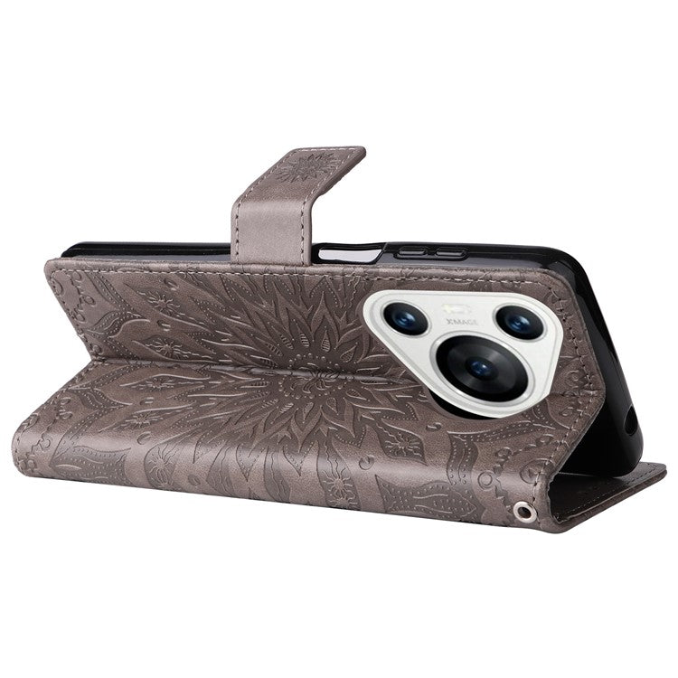 KT Imprinting Flower Series-1 For Huawei Pura 70 Case Leather Sunflower Phone Cover Stand Card Slot - Grey