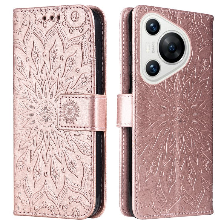 KT Imprinting Flower Series-1 For Huawei Pura 70 Case Leather Sunflower Phone Cover Stand Card Slot - Rose Gold