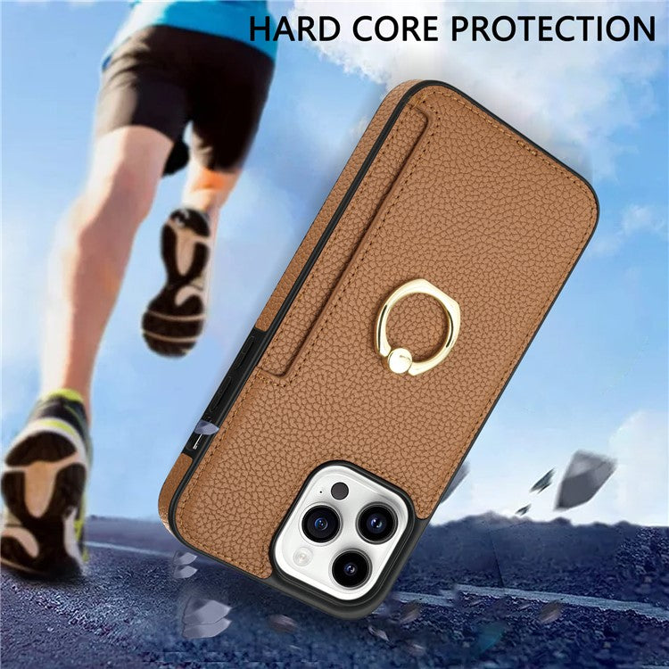 For iPhone 16 Pro Case PU Leather + TPU Card Holder Phone Cover with Kickstand - Brown