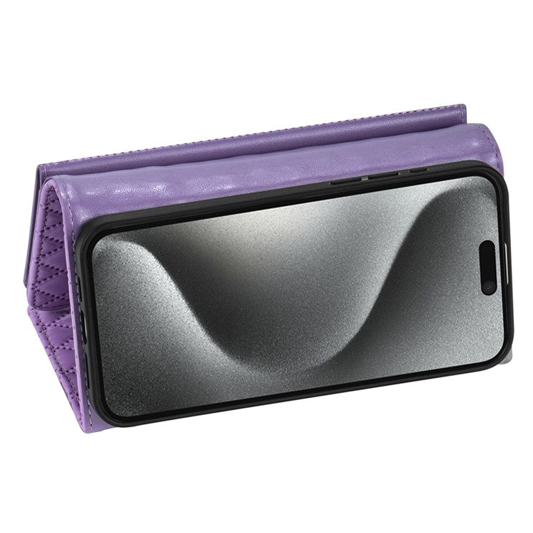 BKS-002 For iPhone 16 Pro Wallet Case PU Leather Stand Phone Cover with Shoulder Strap - Purple