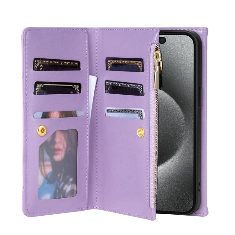 BKS-002 For iPhone 16 Pro Wallet Case PU Leather Stand Phone Cover with Shoulder Strap - Purple