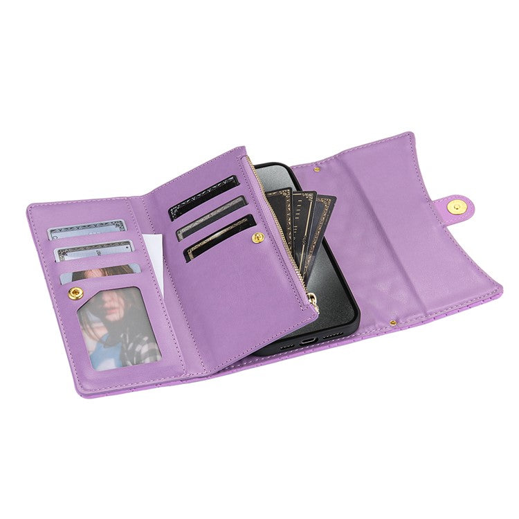 BKS-002 For iPhone 16 Pro Wallet Case PU Leather Stand Phone Cover with Shoulder Strap - Purple