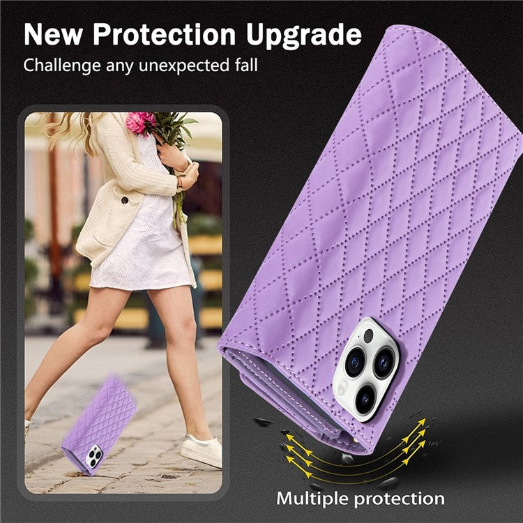 BKS-002 For iPhone 16 Pro Wallet Case PU Leather Stand Phone Cover with Shoulder Strap - Purple