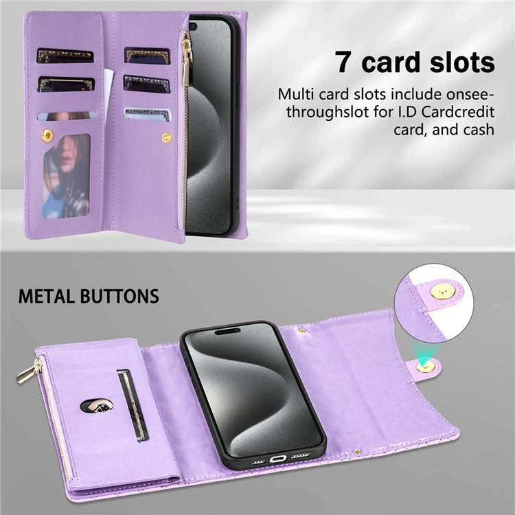 BKS-002 For iPhone 16 Pro Wallet Case PU Leather Stand Phone Cover with Shoulder Strap - Purple