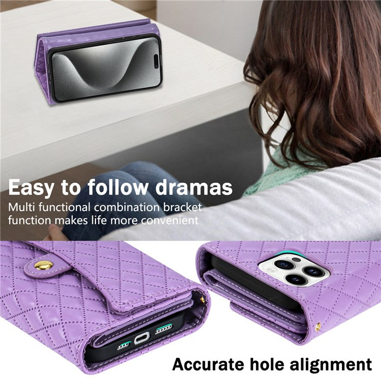 BKS-002 For iPhone 16 Pro Wallet Case PU Leather Stand Phone Cover with Shoulder Strap - Purple