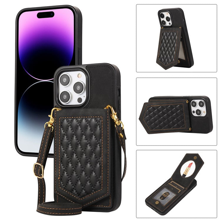 For iPhone 16 Pro Cover TPU Leather Phone Case RFID Blocking Hidden Mirror - Black