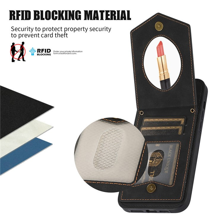 For iPhone 16 Pro Cover TPU Leather Phone Case RFID Blocking Hidden Mirror - Black