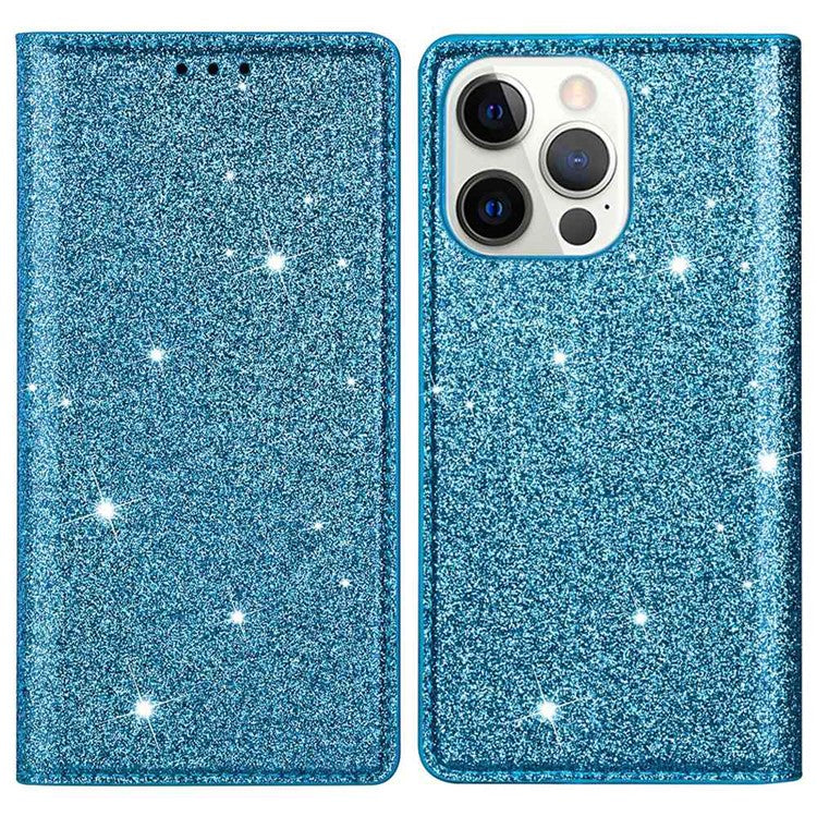 For iPhone 16 Pro Case Glittery Card Slot PU+TPU Phone Cover - Blue