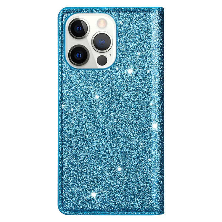 For iPhone 16 Pro Case Glittery Card Slot PU+TPU Phone Cover - Blue