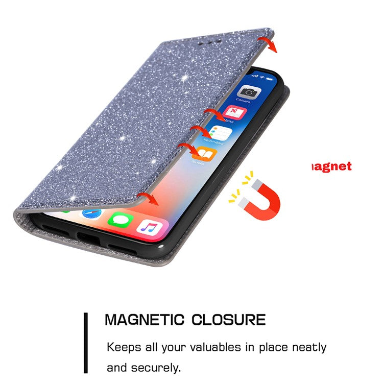 For iPhone 16 Pro Case Glittery Card Slot PU+TPU Phone Cover - Grey