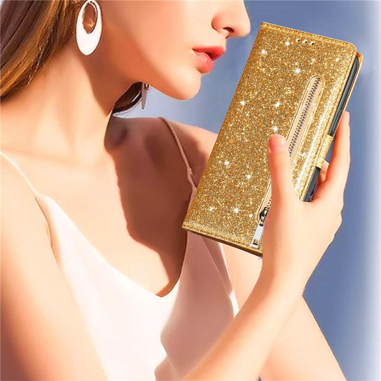 For iPhone 16 Pro Stand Case Glitter Phone Leather Cover Zipper Pocket - Gold