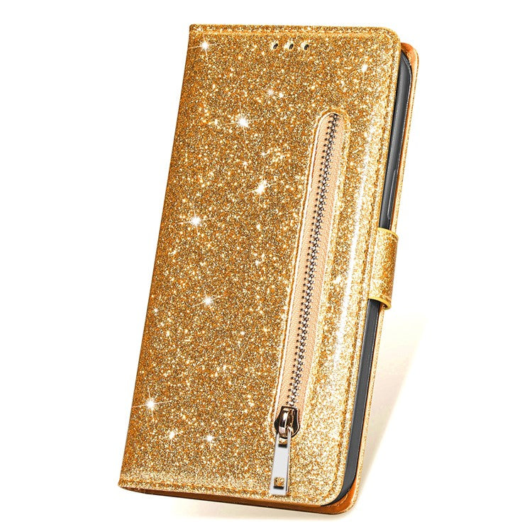 For iPhone 16 Pro Stand Case Glitter Phone Leather Cover Zipper Pocket - Gold