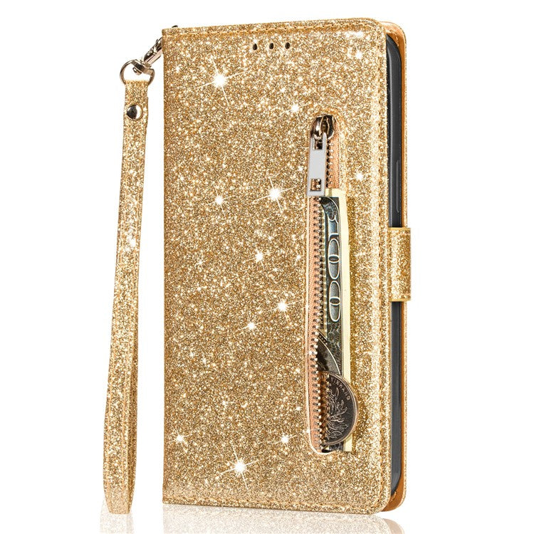 For iPhone 16 Pro Stand Case Glitter Phone Leather Cover Zipper Pocket - Gold