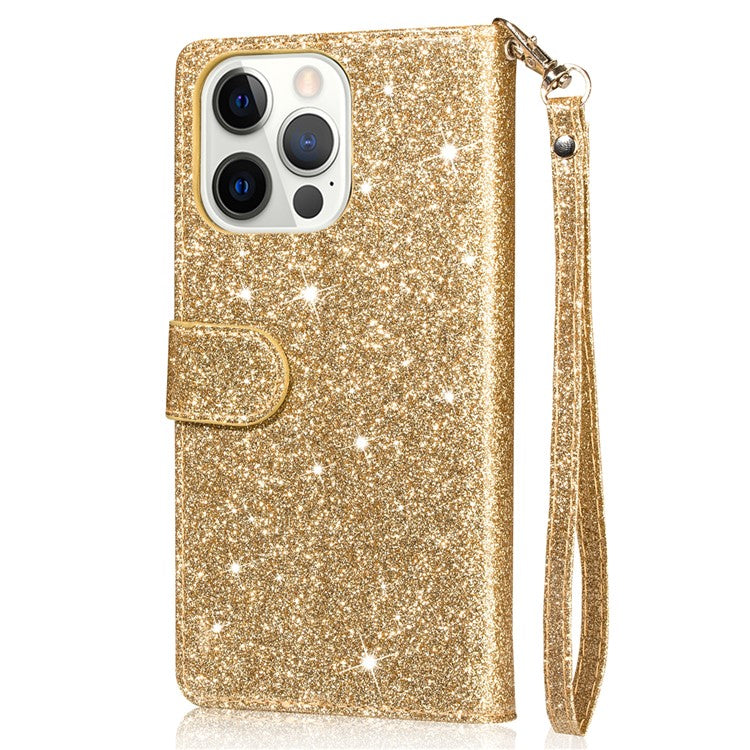For iPhone 16 Pro Stand Case Glitter Phone Leather Cover Zipper Pocket - Gold